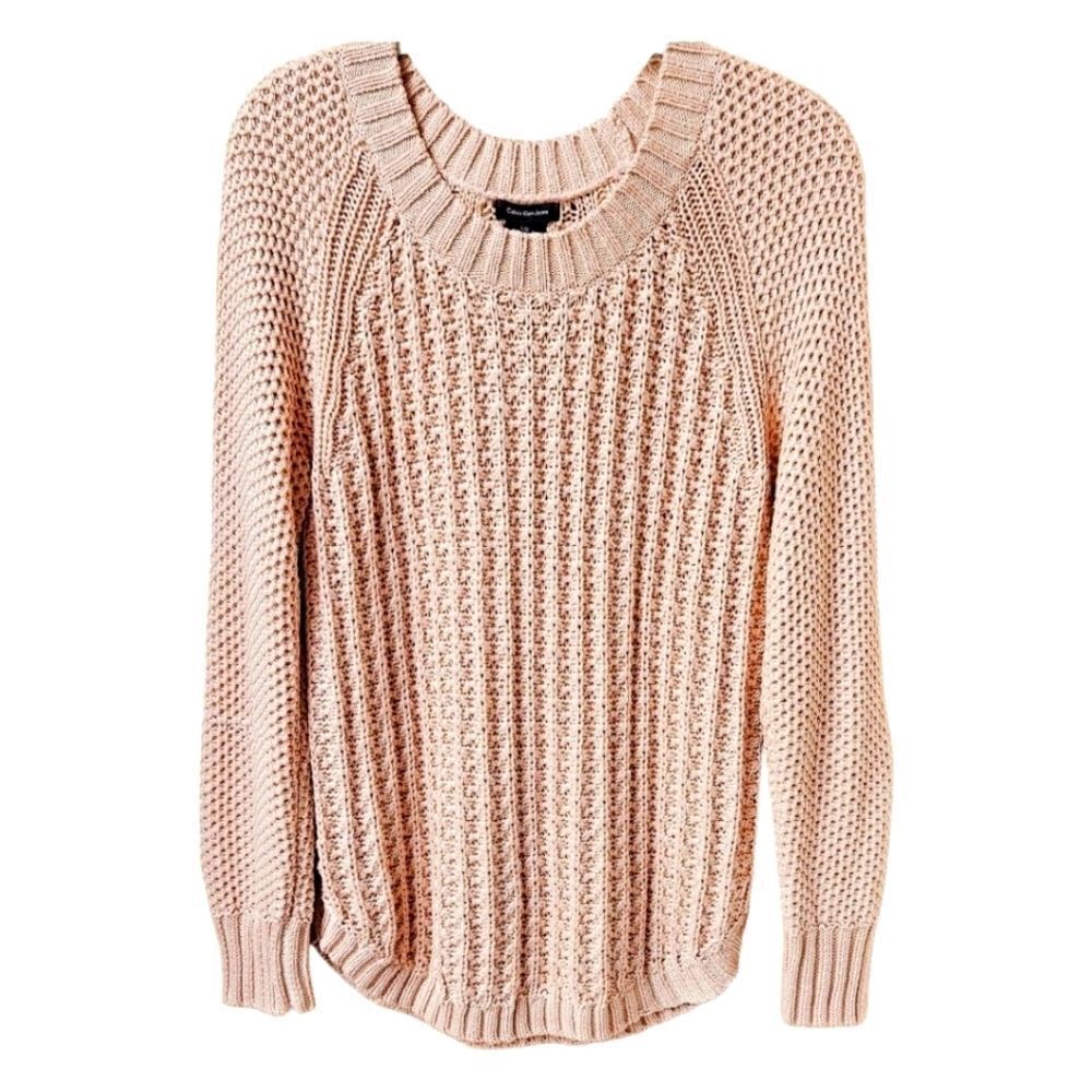 CALVIN KLEIN JEANS New Round Neck CableโKnit Pink Rose Sweater SIZE Large - Picture 2 of 12